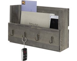 MyGift Rustieke grijze houten wandgemonteerde posthouder organizer met 4 sleutelhaken