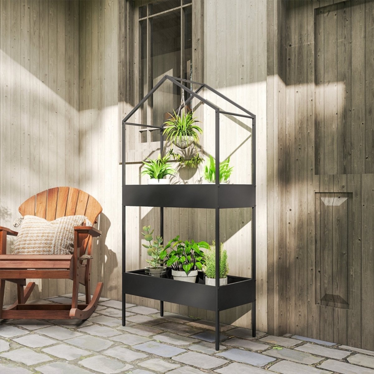 REDOM Plantenstandaard - 2 Niveaus - Metalen Frame Met Haken - Verstelbare Voeten - Zwart - 75 X 35 X 150 Cm