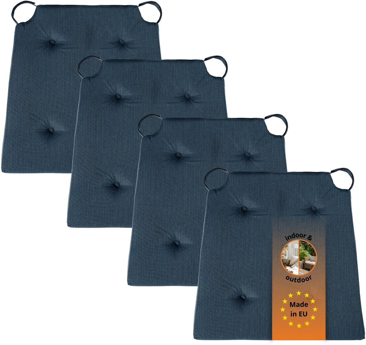 sleepling Basic 10 stoelkussenset 4-delig - stoelkussens 40x40 cm - stoelkussens buiten en binnen - stoelkussens eetkamer, stoelkussen met lint en zitkussen met klittenband - Made in EU - set van 4 - 41 (voor) / 35 (achter) x 40 x 5 cm - donkerblauw