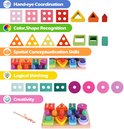 Collage van houten Montessori speelgoedstukken, met blokken, vormen en visjes, en iconen voor vaardigheden.