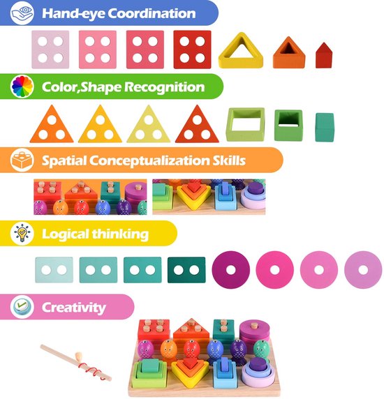 Collage van houten Montessori speelgoedstukken, met blokken, vormen en visjes, en iconen voor vaardigheden.