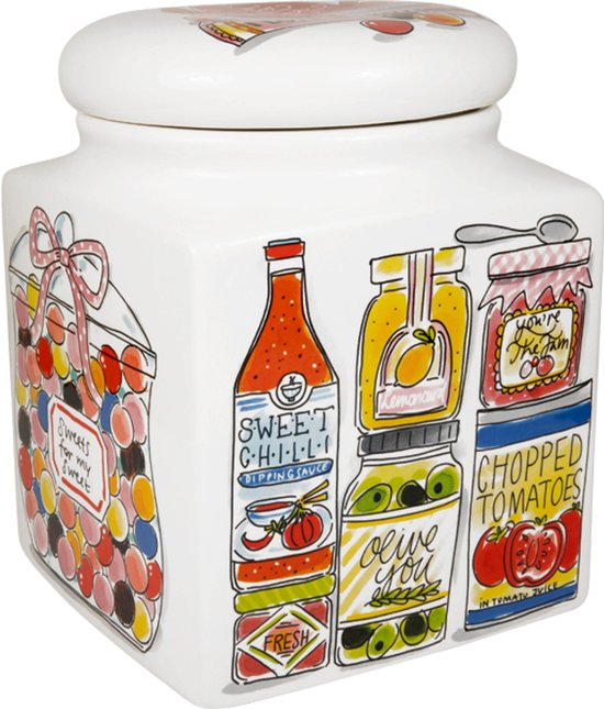 Voorraadpot met illustraties van snoep, specerijen, olijven, jam en tomaten.