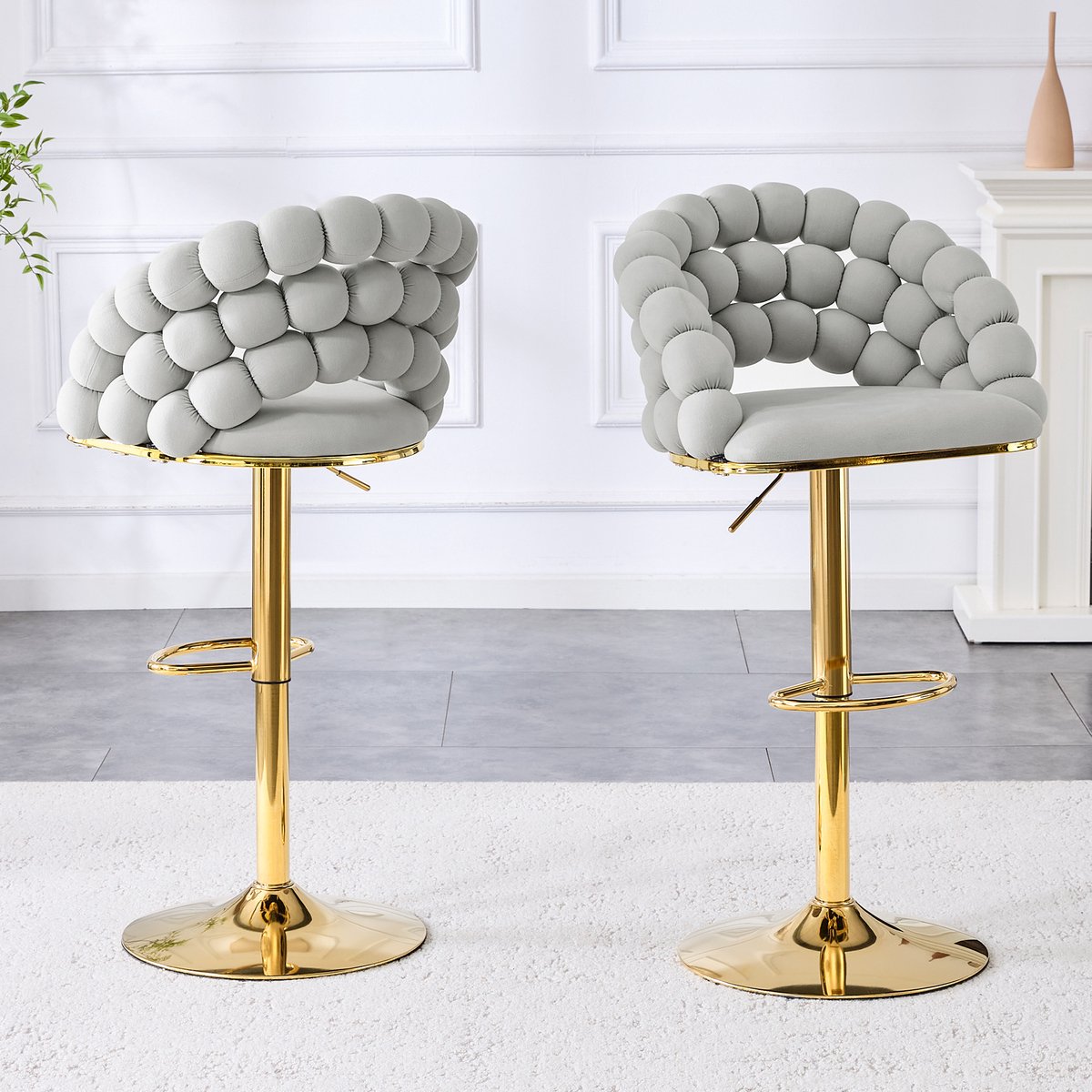 HAUSS SPOLE Barkruk – Luxe Fluwelen Kogelketting Rugleuning – Set Van 2 – Verstelbare Zithoogte – Voor Keukeneiland En Thuisbar – Metaal Lichtgrijs