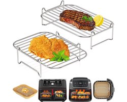 2-delige Airfryerrek - Stapelbaar airfryerrek - Roestvrijstalen airfryerrek - Hittebestendig - Airfryeraccessoires - 20,2*13,1*5,4 cm - Geschikt voor het braden van kip, friet, kipnuggets, enz. - Zilver