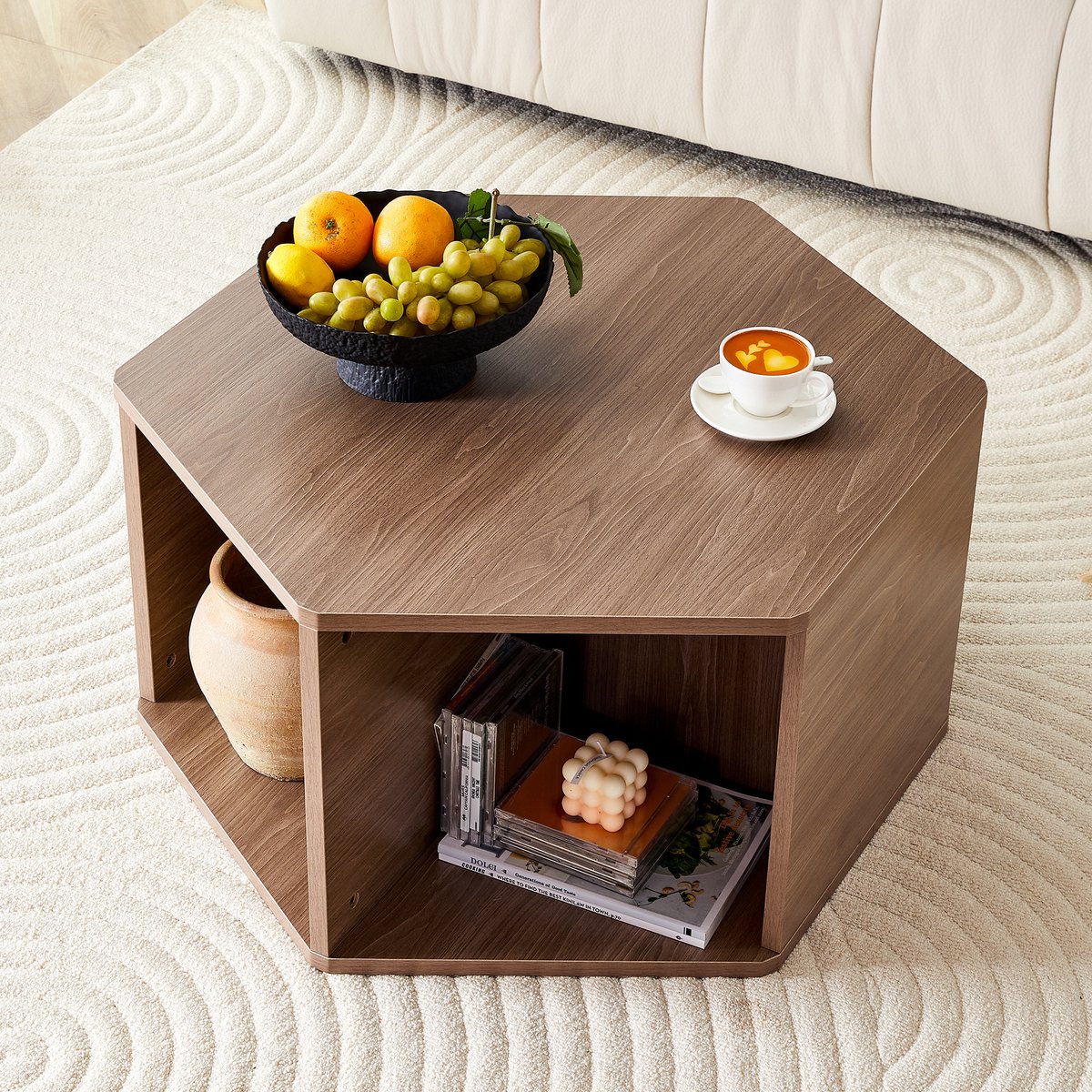 OKWISH Salontafel - Zeshoekig Multifunctioneel Ontwerp - Voor Woonkamer Of Loungehoek - MDF Bruin Walnootlook - 79×69,4×40 Cm