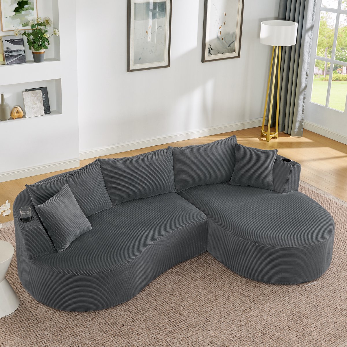 3-Zits Compressiebank, Chaise Longue Rechts + 2-zits, Gebogen Ontwerp, Zachte Corduroy Stof, met Bekerhouder en Kussen, Vacuüm Verpakt, voor Woonkamer, Hotel, Appartement en Kantoor, Grijs