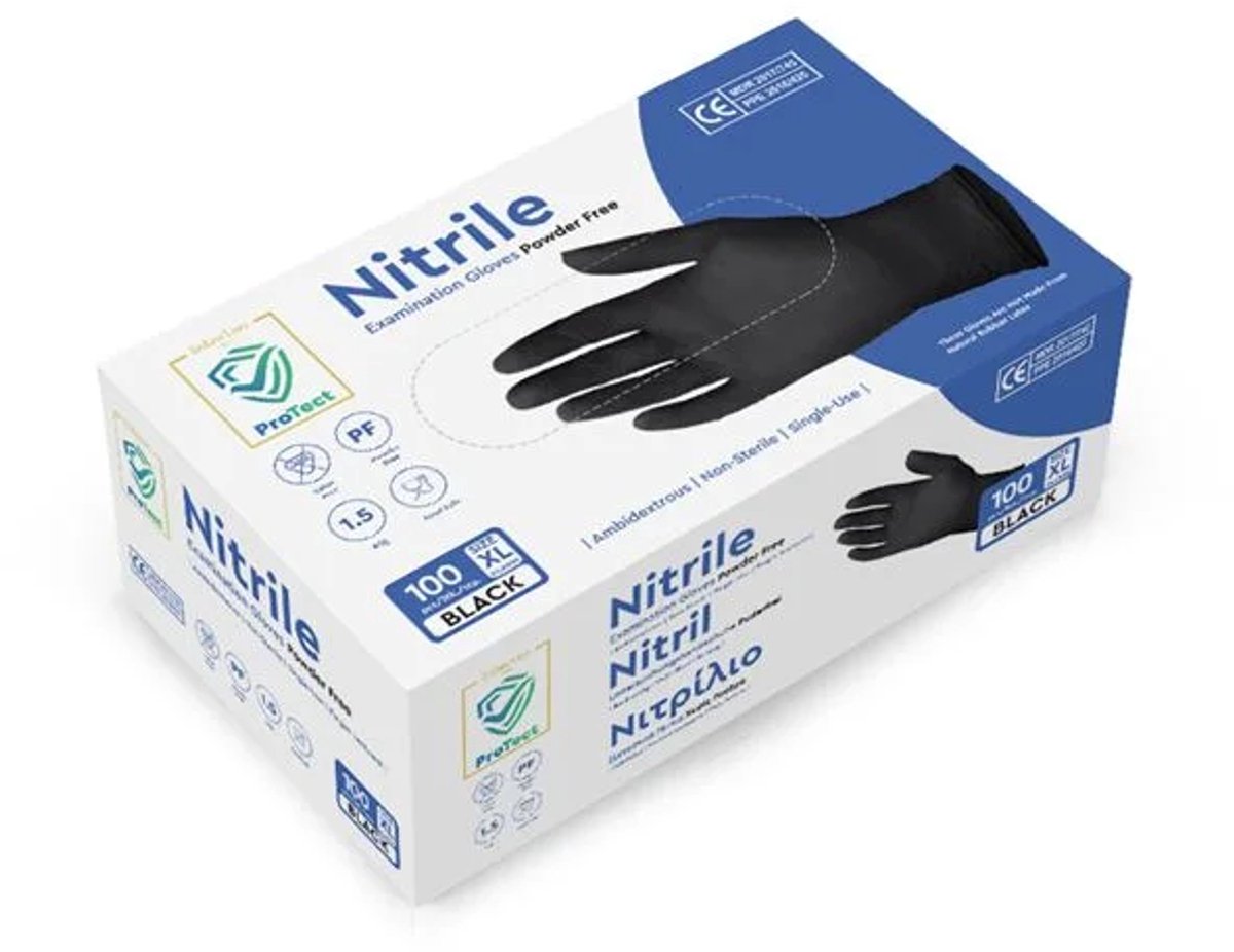 Nitril Handschoenen - PROTECT - Zwart - Poedervrij (MDR PPE III) - XL - 100 stuks