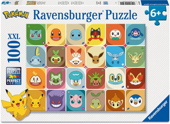 De voorkant van de Ravensburger Pokémon Gezichten XXL 100 stukjes puzzeldoos, met een raster van Pokémon gezichten.