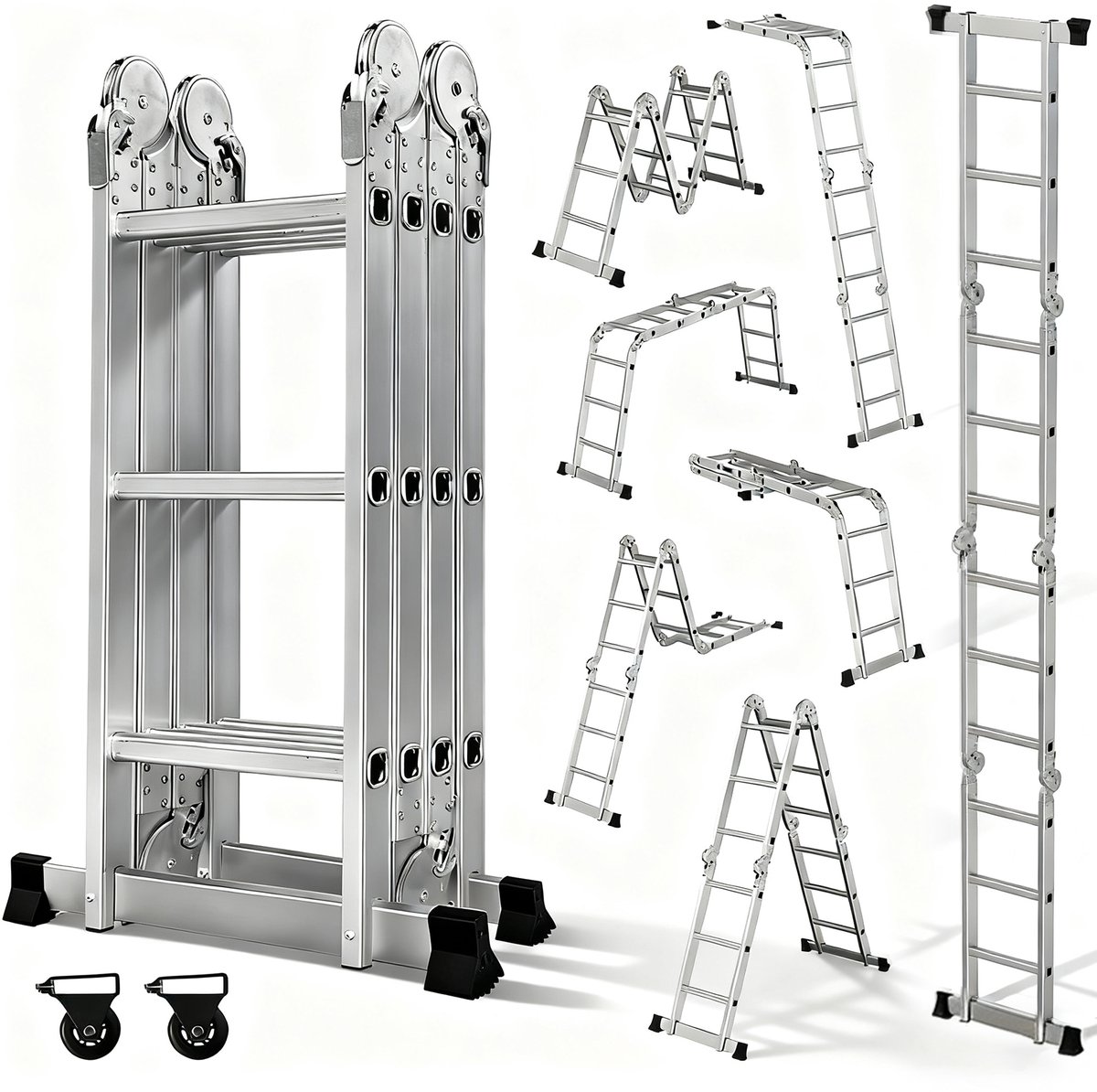 OUTIGO Multifunctionele ladder - 3,5 meter - 7 in 1 - opvouwbaar - aluminium - met 2 wielen - geschikt voor huishoudelijk gebruik - maximale belasting 150 kg - 12 treden