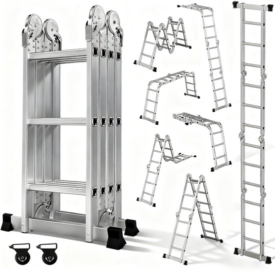 OUTIGO multifunctionele ladder - 7 in 1 - opvouwbaar - aluminium - met 2 wielen - geschikt voor huishoudelijk gebruik - maximale belasting 150 kg - 12 treden - Totale lengte 3,5 meter
