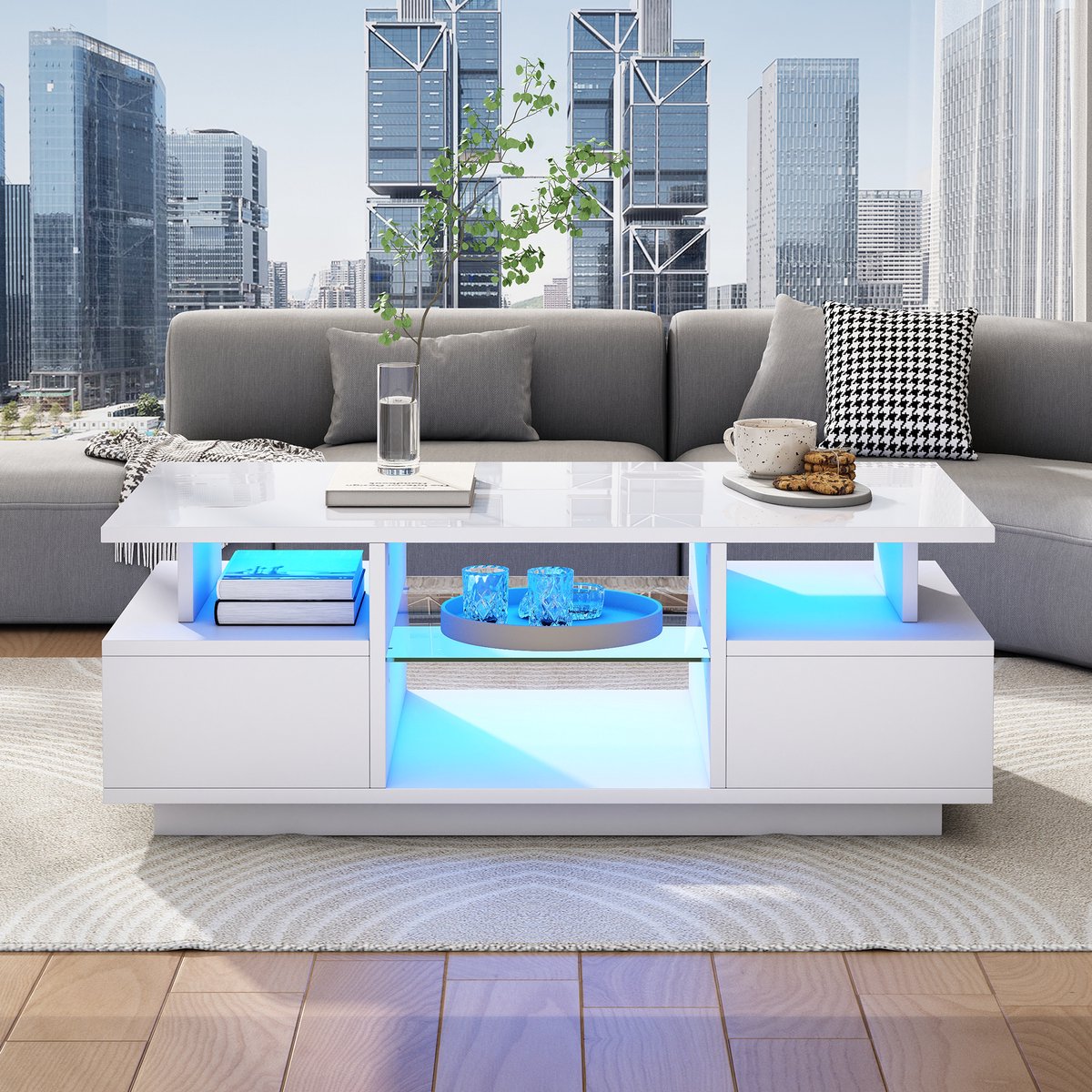 OKWISH Salontafel Met Led Verlichting Met 2 Lades En Open Opbergruimte Met Glazen Legplaten Voor Woonkamer Spaanplaat Wit 100x50x36 Cm