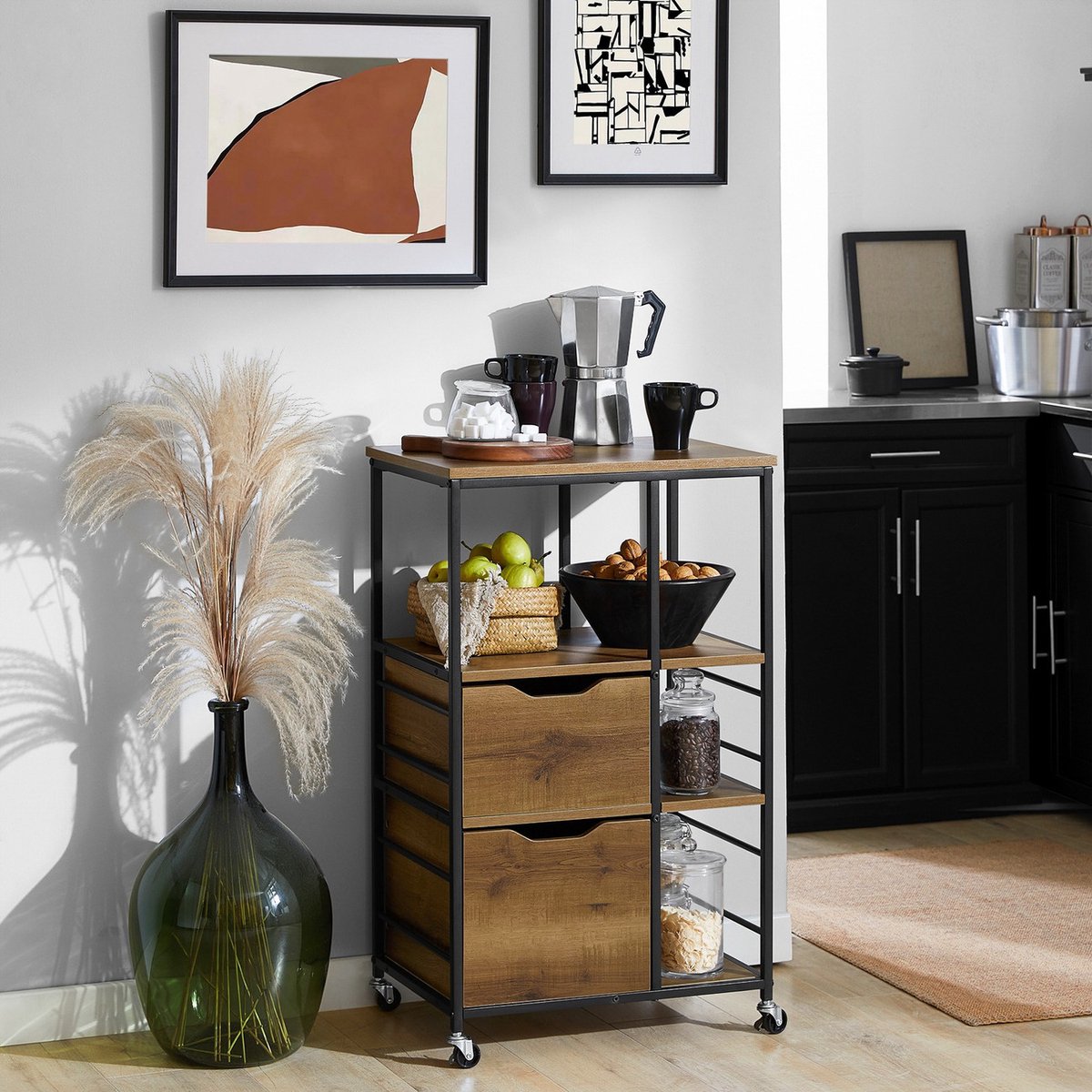 Keukenkar met Wieltjes & Lades – Industriële Vintage Stijl – Hout & Metaal – 3 Planken – 89 x 53 x 37 cm