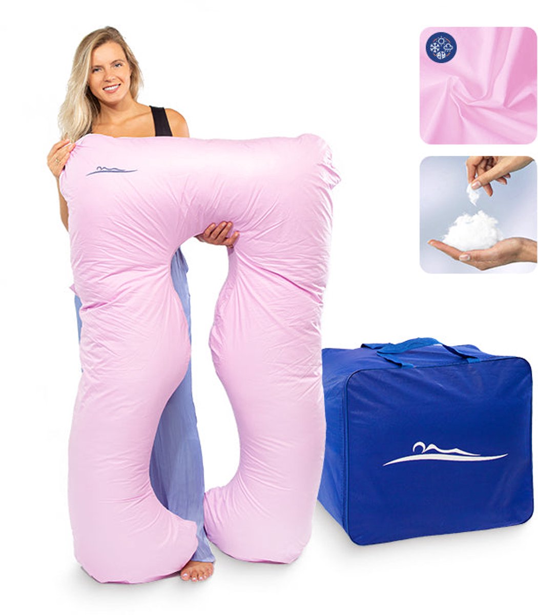 KomfortKissen™ Premium Zwangerschapskussen XXL – Lichaamskussen 150 cm – Zijslaapkussen – Body Pillow – Voedingskussen – Ergonomisch Kussen – Afneembare Hoes – Wasbaar – Borstvoedingskussen – Roze