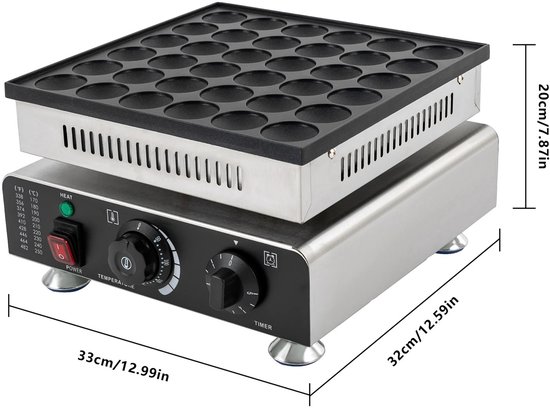 Elektrische poffertjespan met 36 holtes, met afmetingen 33x32x20cm, voorverwarmde gouden poffertjes en een controlepaneel.