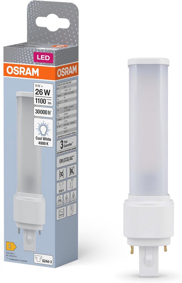 Energiebesparende LED Lamp G24D-3, 9 Watt, 1100 Lumen, Koel Wit, Rotatable, Vervanging voor Conventionele 26W Lamp