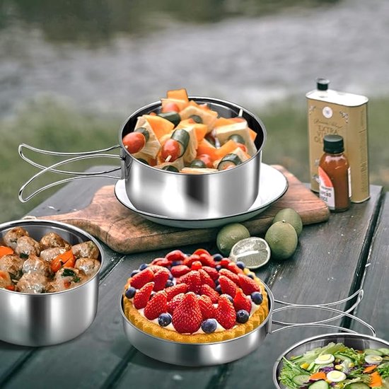 Kookset - 4 Stuks - Stapelbaar - Inclusief Opbergtas - Camping Kookset - Kookgerei - Camping Pannenset - Camping Kookgerei Kit - Rvs - Voor 2-3 Personen - Geschikt Voor Kamperen, Wandelen En Picknicken - Zilver van Merkloos — afbeelding 2