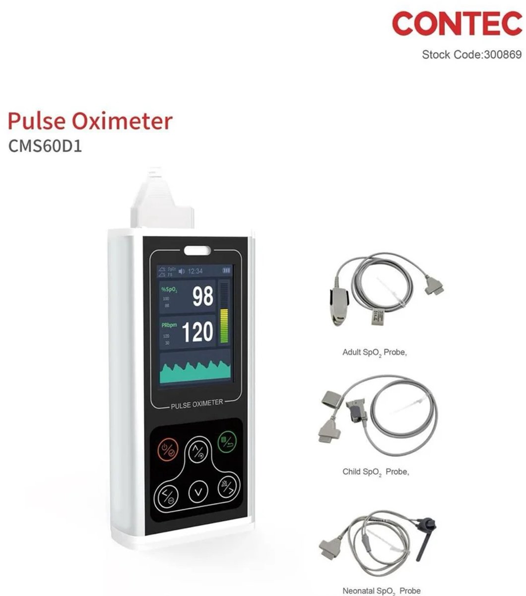 Contec CMS60D1 Professionele Saturatiemeter - Zuurstofmeter met 3 Probes voor Volwassenen, Kinderen en Baby's - Oplaadbaar, Alarmfunctie & Data Upload