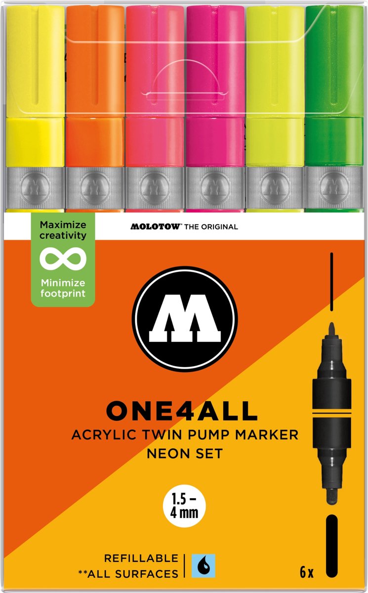 MOLOTOW ONE4ALL TWIN Acrylstiften Set - Neon - 6x (1,5+4mm)