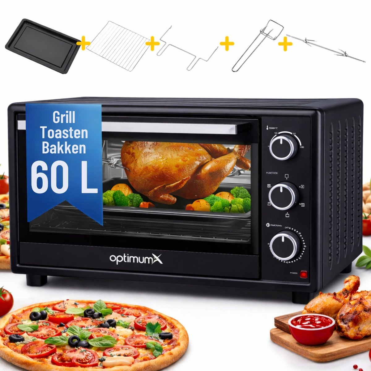 Bol.com OptimumX Vrijstaande Ovens, 60 Liter Mini Oven – Convectie Oventje - Hetelucht - Draaispit - Timer - Zwart - 2200 Watt aanbieding