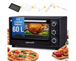 OptimumX Vrijstaande Ovens, 60 Liter Mini Oven – Convectie Oventje - Hetelucht - Draaispit - Timer - Zwart - 2200 Watt