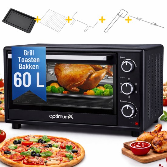 Zwarte 60L OptimumX oven met geroosterde kip, groenten en pizza. Bevat accessoires zoals een draaispit.