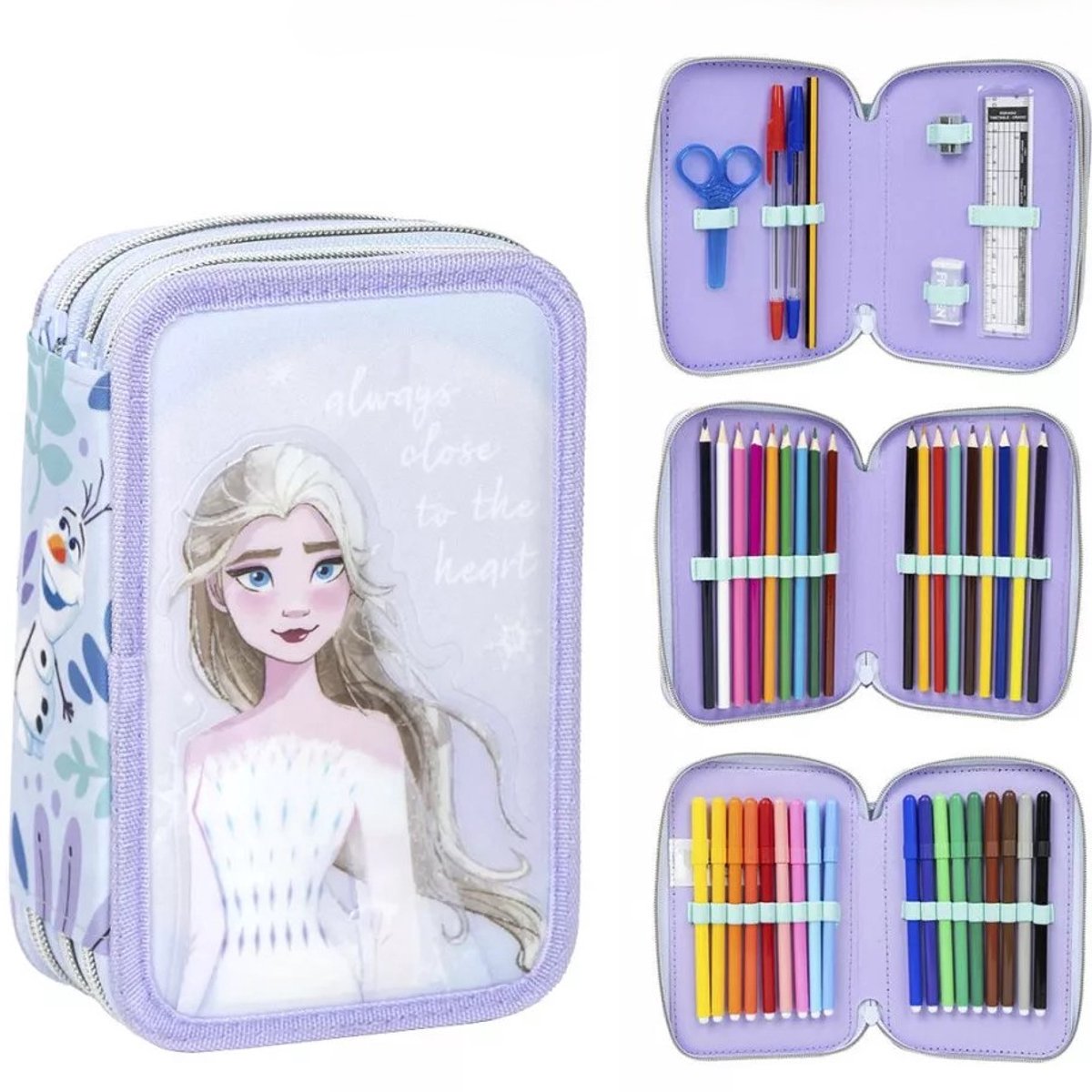 Disney Frozen Etui - 3 Lagen - Elsa - Gevulde etui - Tekenetui - Pennenetui - Schooletui - Voor kinderen - Voor meisjes - Paars