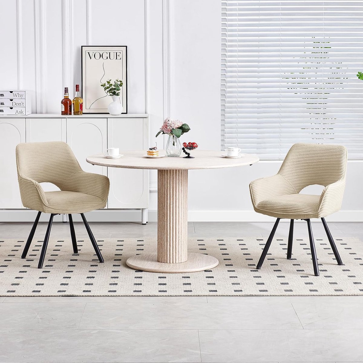 Draaibare Eetkamerstoel Set van 6 - 49x42x82 cm Gestoffeerde Corduroy Keukenstoelen met Armleuning 360° Rotatie Ergonomische Luxe Design Eetkamer Stoel Beige – Abkantoor