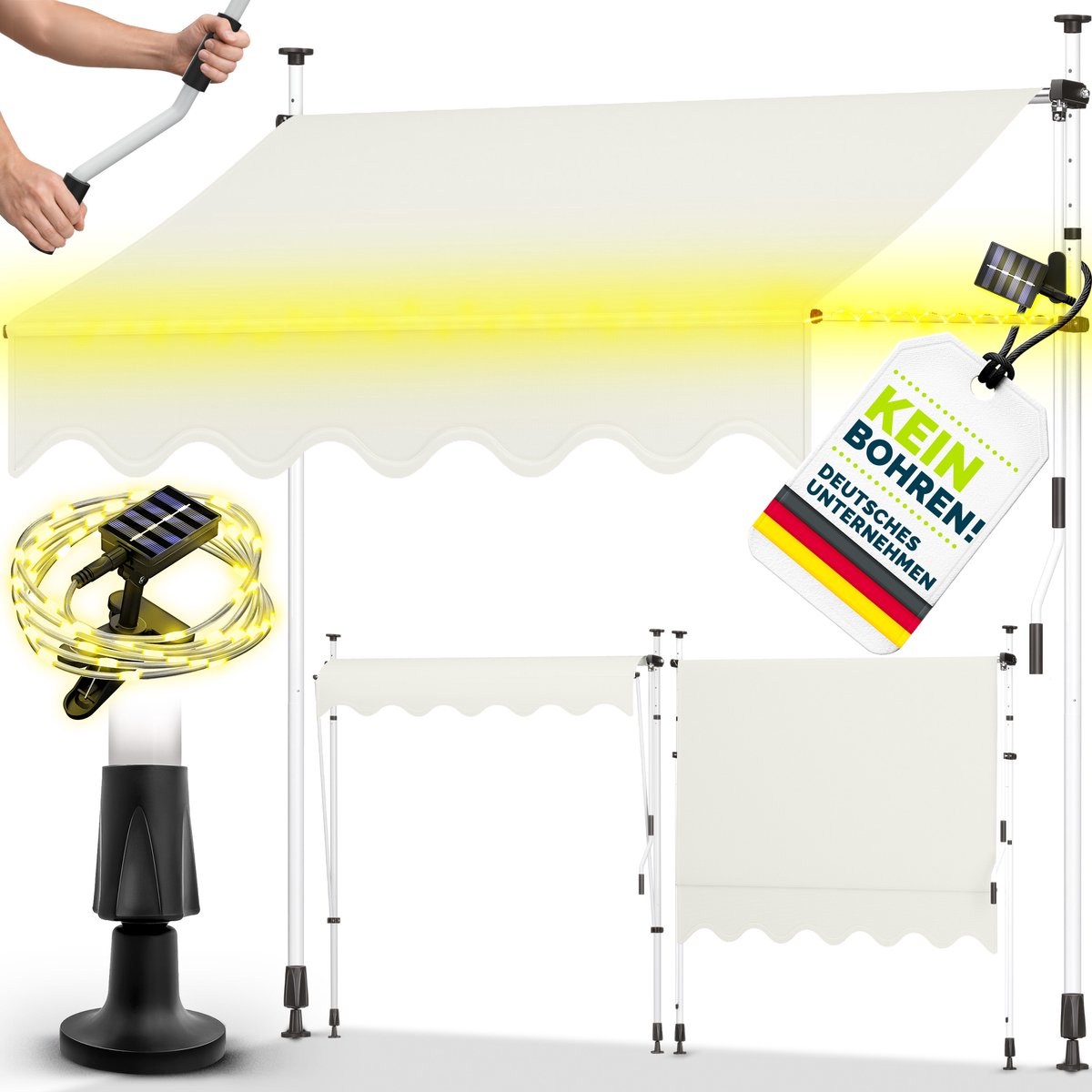tillvex Klemluifel, 250 cm, beige, met led en handslinger, voor balkon, balkonluifel zonder boren, uv-bestendig en in hoogte verstelbaar, zonwering, waterdicht