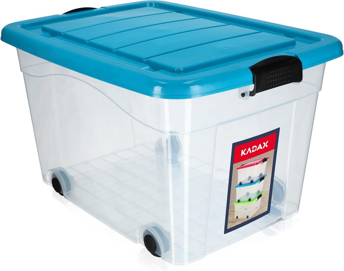 Kunststof Opbergdoos met Wieltjes en Deksel - Organiseer Je Speelgoed en Kleding (60 L, Blauw)
