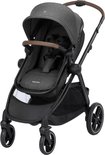 Maxi-Cosi Zelia S kinderwagen in donkergrijs met bruine handgrepen.