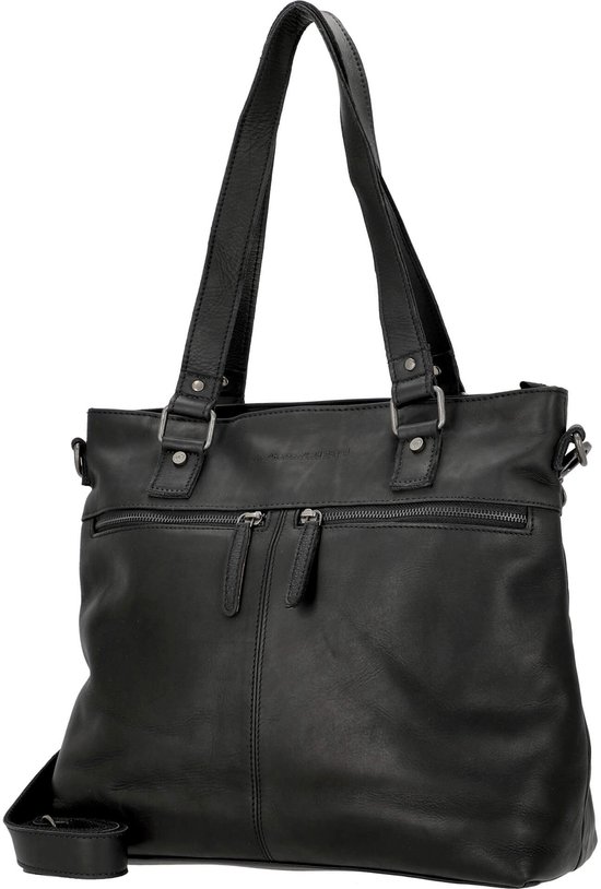 Zwarte lederen tas met twee ritsvakken aan de voorkant, handvatten en schouderband.