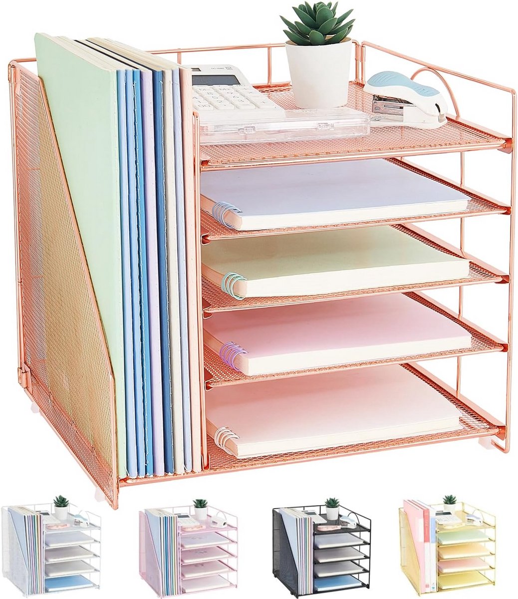 Bureauorganisatoren en accessoires - 5-laags papieren brievenbakorganizer met bestandshouder in roségoud