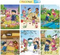 Zes illustraties van kinderen die buiten spelen in verschillende seizoenen en op het strand. Op de achterkant een Fien & Teun pen.