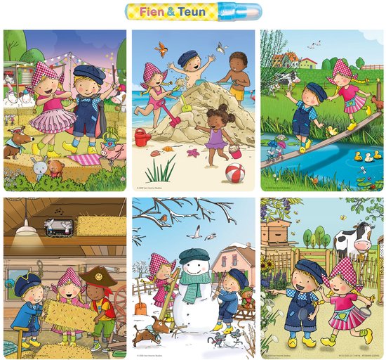Zes illustraties van kinderen die buiten spelen in verschillende seizoenen en op het strand. Op de achterkant een Fien & Teun pen.
