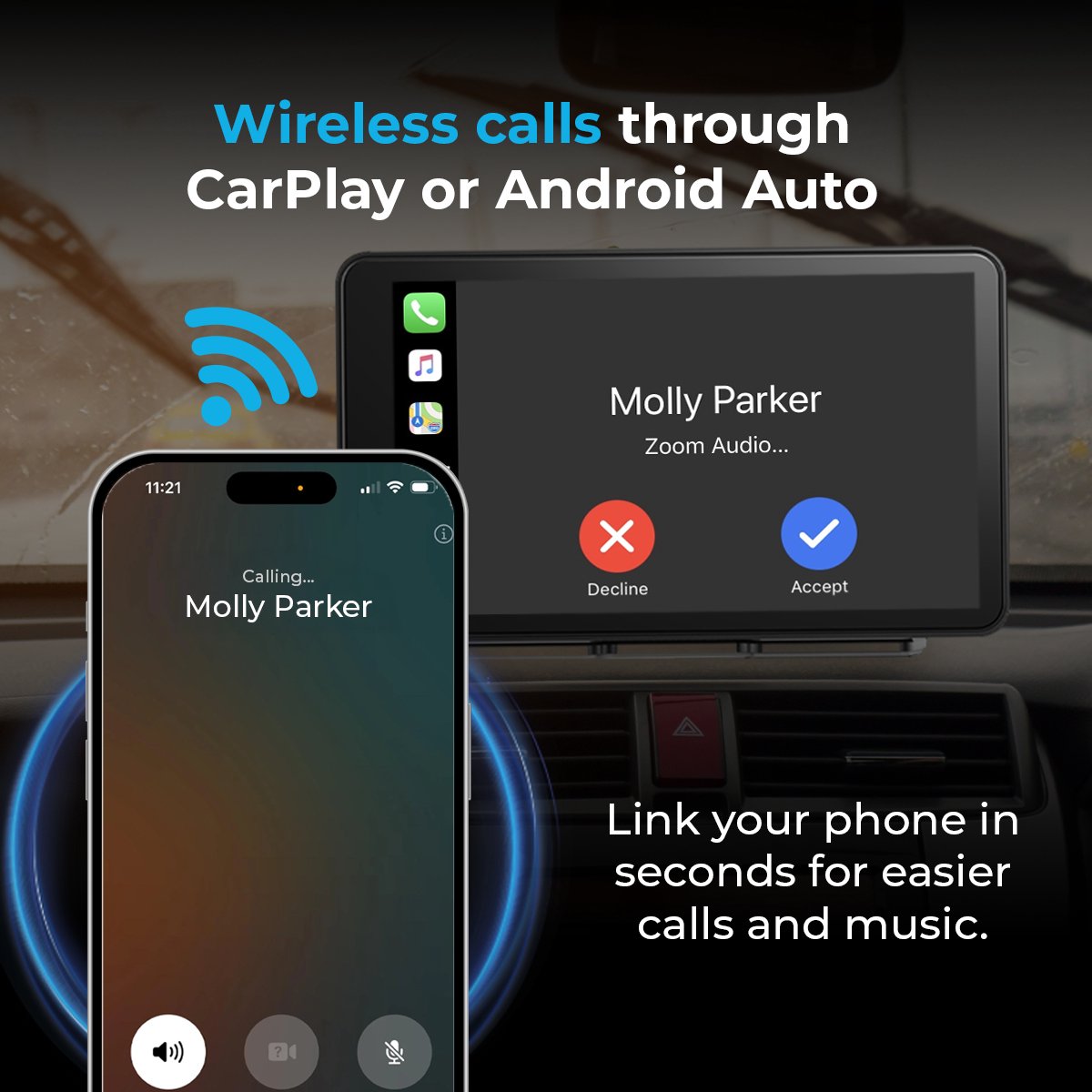 7 inch AutoSky draadloos CarPlay Android Auto scherm met achteruitrijcamera, FM, Bluetooth, universeel dashboard - Afbeelding 2
