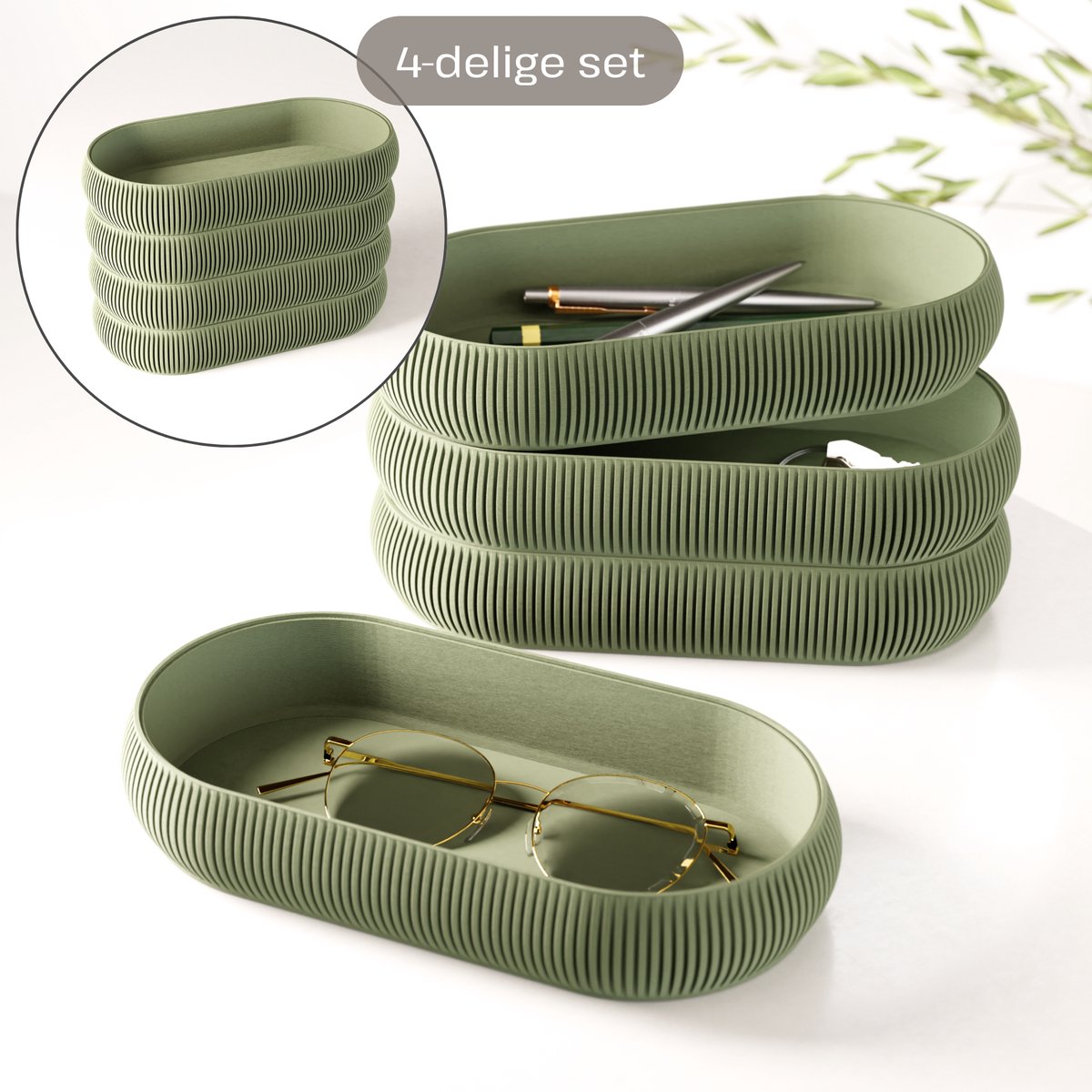 Fleuriek – Stapelbare organizer set 4-delig – Mix & match opbergsysteem – Trays + pennenhouder voor kantoor, bureau, badkamer & keuken – Groen