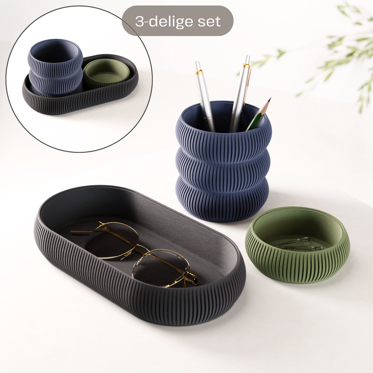 Fleuriek - Bureau organizer set 3-delig - Stapelbaar & modulair - Pennenhouder met opbergbakjes voor bureau, keuken, badkamer & make up - Blauw-Groen-Zwart