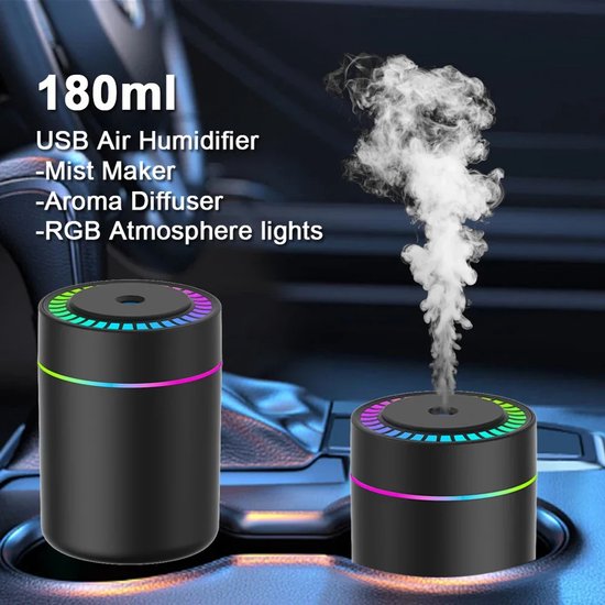 180ML Mini Luchtbevochtiger & Aroma Diffuser - USB-C Geurverspreider met LED Verlichting - Voor Auto, Thuis & Slaapkamer - Zwart