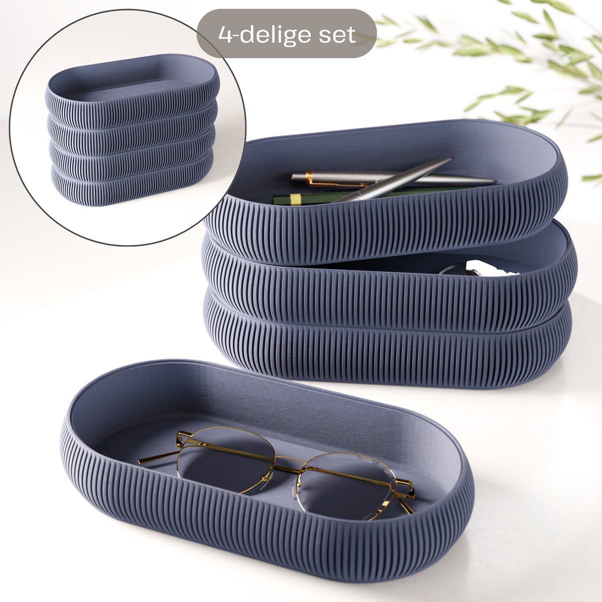 Fleuriek – Stapelbare organizer set 4-delig – Mix & match opbergsysteem – Trays + pennenhouder voor kantoor, bureau, badkamer & keuken – Blauw