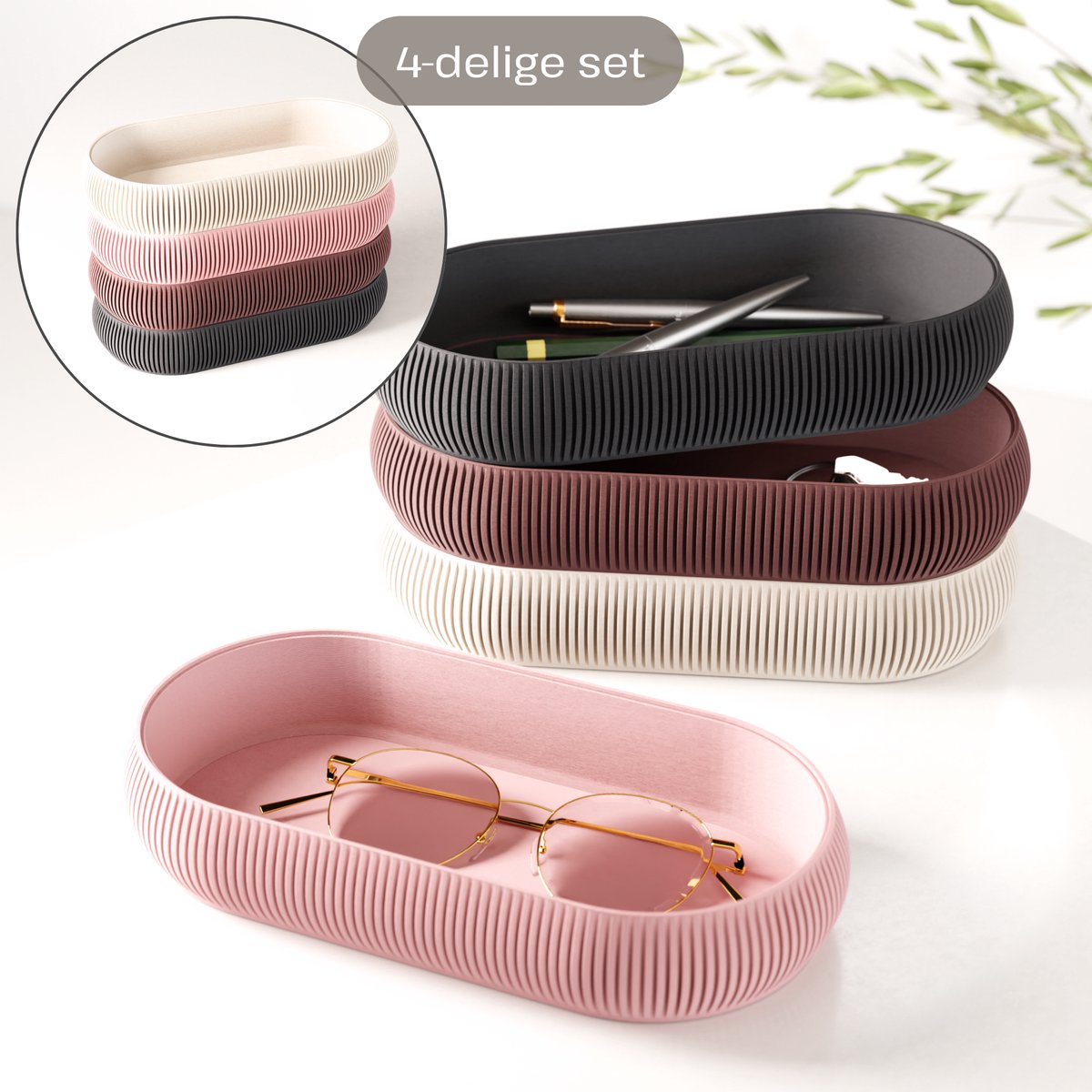 Fleuriek – Stapelbare organizer set 4-delig – Mix & match opbergsysteem – Trays + pennenhouder voor kantoor, bureau, badkamer & keuken – Roze-Rood