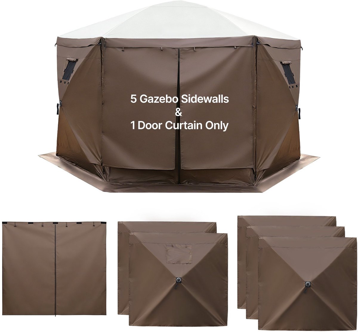Partytent Zijwanden - Set van 6 Panelen - Waterdicht met Zonwerende PU-coating - Met Ritsdeur en 2 Ramen - Voor Opvouwbare Partytent/Feesttent - Afmeting 1,73 x 1,48 m - Bruin