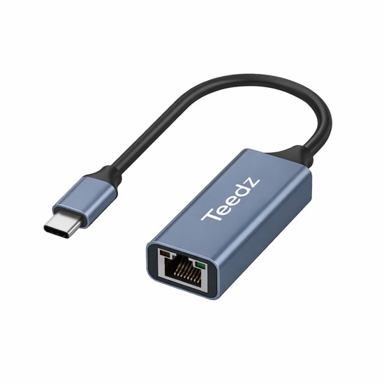 Blauwgrijze Teedz USB-C naar Ethernet adapter met gebogen kabel.