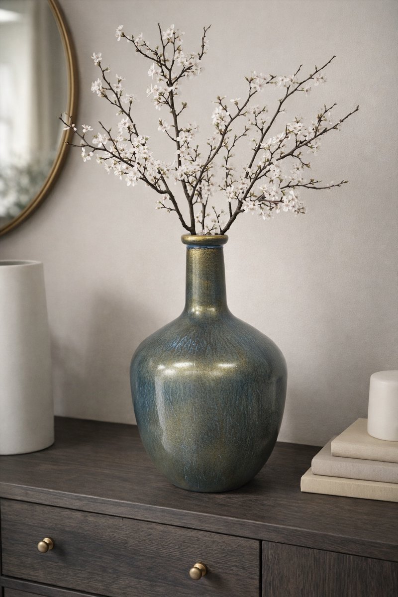Flesvaas Peacock | Blauw - Groen - Goud | Glas | D15xH31,5 cm