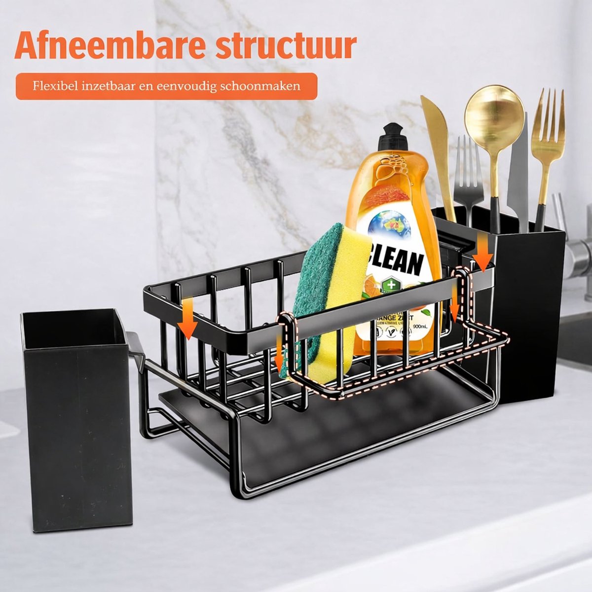 Ultiluxe® Gootsteen Organizer - Sponshouder - Keuken Organizer - 9 cm - Spoelbak Organizer - Met Afdruipbak - Afneembare Doekhouder - Zwart