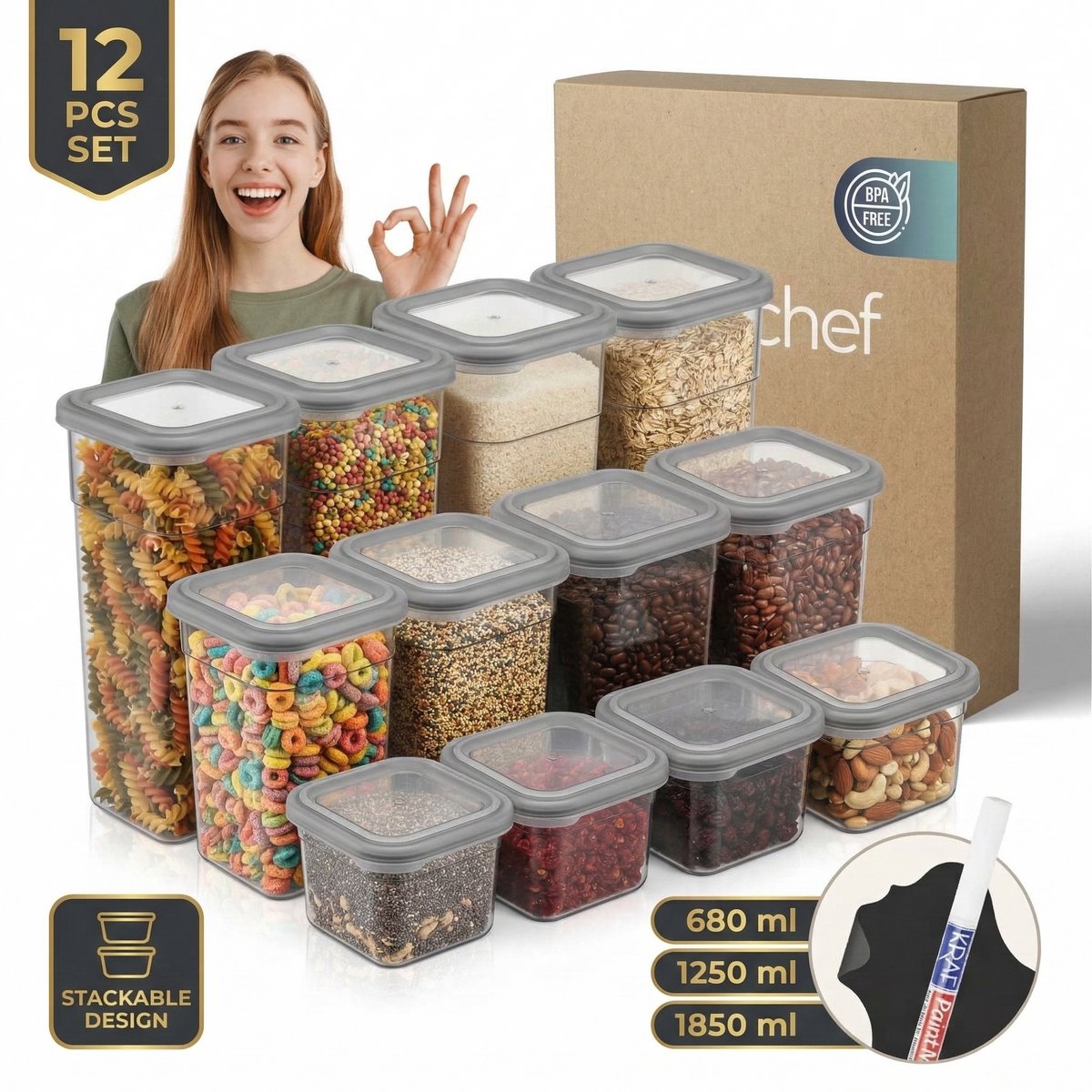 Soft Chef Soft Box Slim Square 12-delige bewaardoos set (4 x 680 ml + 4 x 1250 ml + 4 x 1850 ml) – Vierkante voedselcontainers – Luchtdicht + Inclusief labels & marker