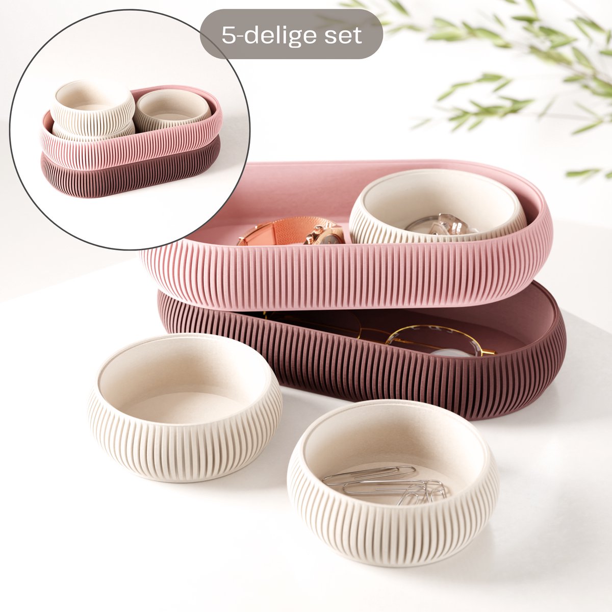 Fleuriek - Luxe catch-all trays set 5-delig - Multifunctionele opbergset voor paperclips, elastiekje, make-up en sleutels - Stapelbare organizers - Roze-Rood