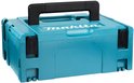 Turquoise Makita opbergkoffer met zwarte handgreep en witte logo's.