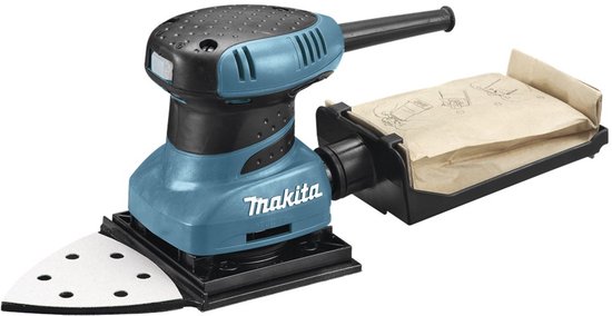Turquoise en zwarte Makita schuurmachine met stofopvangzak en delta schuurzool.
