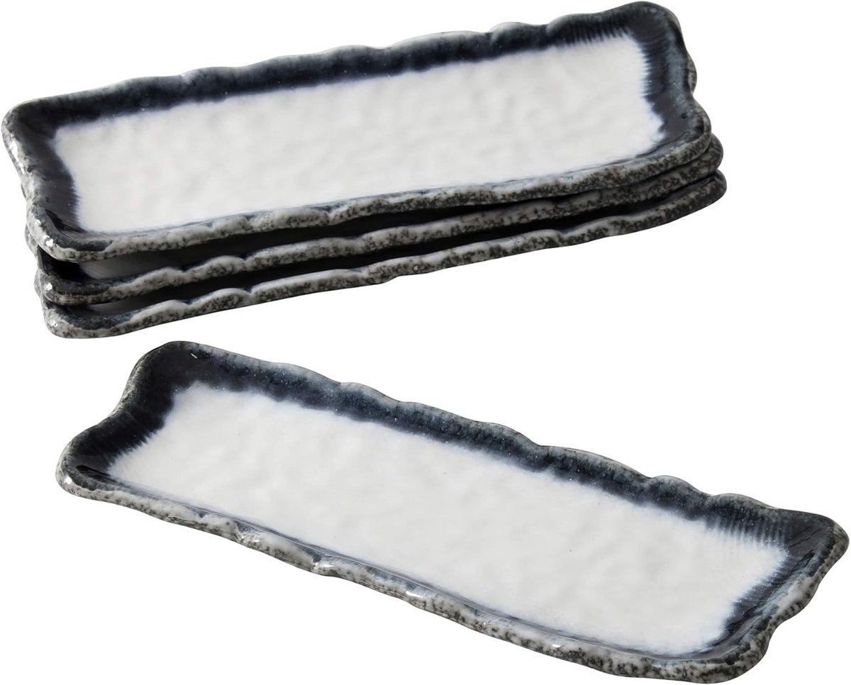 Set van 4 Rechthoekige Keramische Sushi Borden in Blauw en Wit