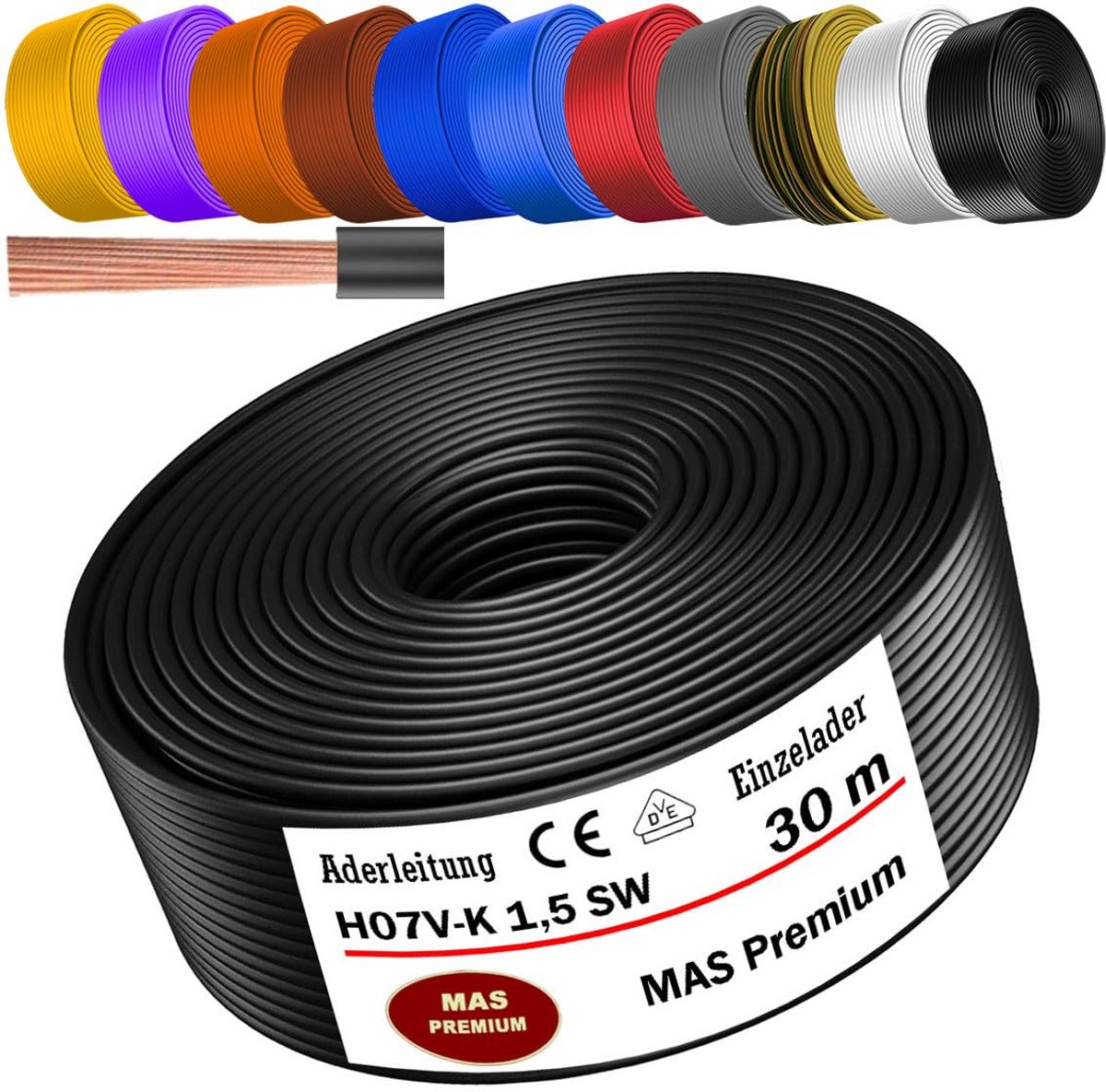 Flexibele Aderkabel H07V-K 1,5 mm² Zwart - Enkele Geleider voor Installatie